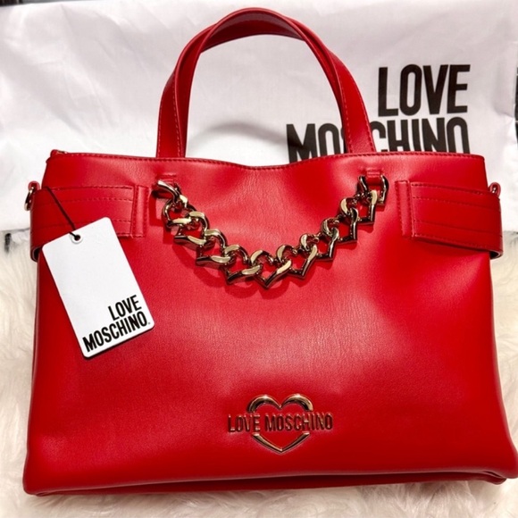 NWT Love Moschino Tote Bold Red Satchel with Gold Chain Detail - Picture 1 of 11